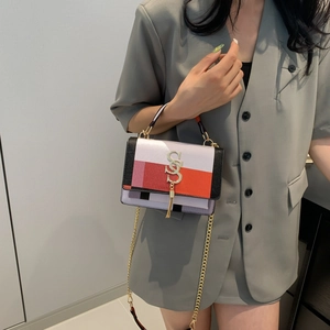 Rainbow patchwork chain crossbody bag with gold S-pendant and tassel detail