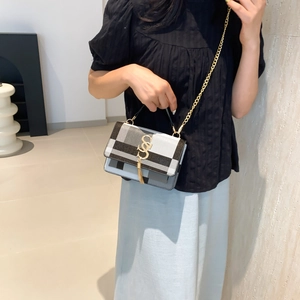 Elegant plaid crossbody bag with gold logo chain and tassel detail for women