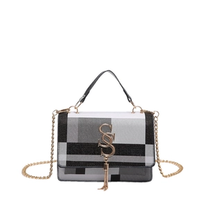 Rainbow plaid chain crossbody bag with golden logo and tassel charm for women