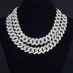 Detailed close-up of a luxury triple-layer silver Cuban link chain set with sparkling rhinestones