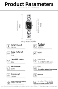 Dimensions détaillées de la montre à quartz rectangulaire avec lunette strass et bracelet argent