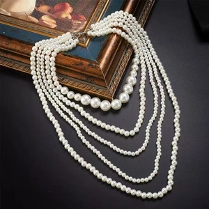 Elegant multi-layer white pearl necklace featuring six strands with vintage gold frame background