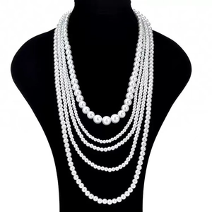Elegant five-layer white faux pearl necklace on black display stand for multi-layered look