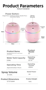 Technische Daten des rosa X5 Luftbefeuchters mit Micro-USB-Anschluss und 220ml Wassertank