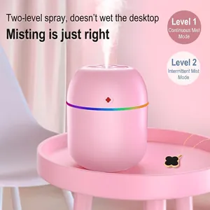 Pink portable USB humidifier with clover button and rainbow LED light strip on pink tray
