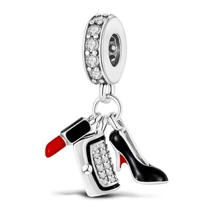 Silver charm set featuring lipstick, glittery handbag, and red-soled high heel pendant