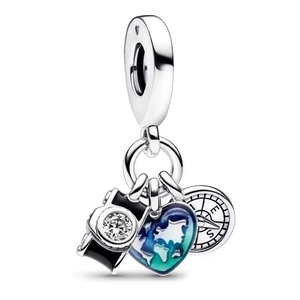Charm in argento S925 con macchina fotografica, globo a cuore e mini bussola