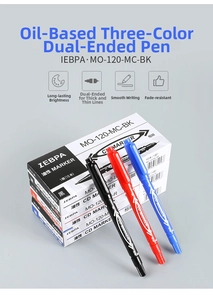 Close-up of three-color dual-tip permanent markers with packaging for office use