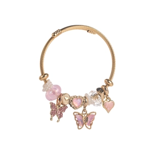 Elegant gold braided open bangle featuring pink butterfly charms and heart pendants