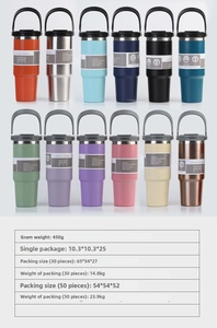 Collection of 30oz insulated stainless steel tumblers in 12 vibrant colors with handles