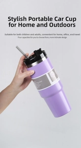 Macro shot of 30oz purple insulated tumbler with straw and multifunctional lid detail