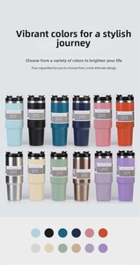 Collage of 12 colorful 30oz vacuum insulated tumblers with leak-proof lids and color swatches