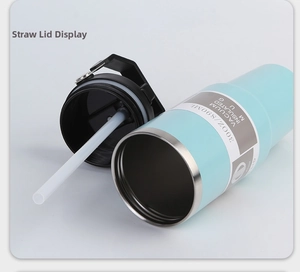 Detail view of 30oz mint green tumbler with removable straw lid and steel interior