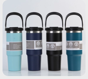 Detailed view of 30oz vacuum insulated tumblers showing various colors and multi-use lids