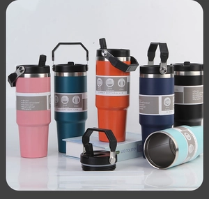 Detail of 30oz insulated tumblers with 3-way lid showing various colors and BPA-free features