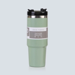 Green 30oz vacuum insulated travel mug with straw and leak-proof rotating lid