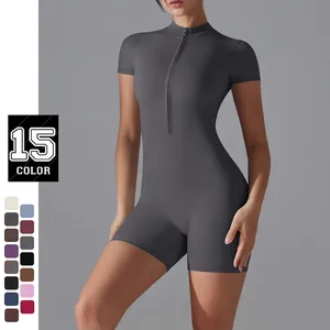 Women Short Sleeve Zipper Yoga Jumpsuit Solid Color Slim Fit Athletic Romper High Elastic Fitness Dance Sportswear Bodysuit