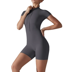Slim fit grey short sleeve yoga romper with front zipper closure for athletic workout
