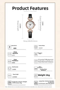 Detailed specifications of minimalist women's watch with 24mm rose gold case and leather strap