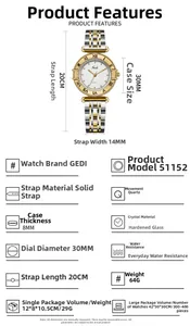 Detailed size specifications for a bicolor stainless steel quartz watch for women