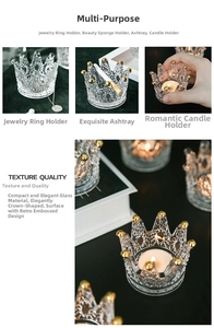 Detailed crown-shaped glass dish with gold beads for jewelry storage and candles