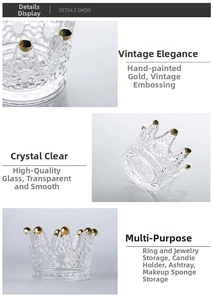 Detailed views of vintage glass crown jewelry organizer with gold trim and embossed patterns