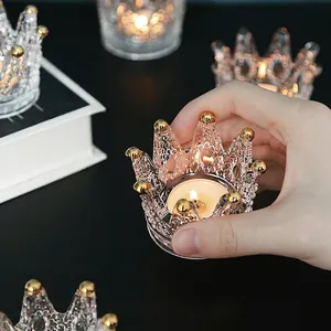 Crown Glass Candle Holder Relief Jewelry Storage Dish Tray Vintage Home Decor Gold Trim Ornament