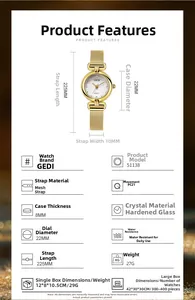 Spécifications de la montre quartz dorée 22mm avec bracelet maille milanaise et boîtier 8mm