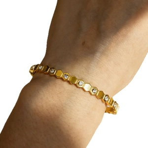 18K gold plated stainless steel honeycomb bracelet with diamonds for women on wrist