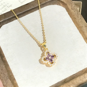 Elegant gold titanium steel necklace with purple crystal four-leaf clover pendant