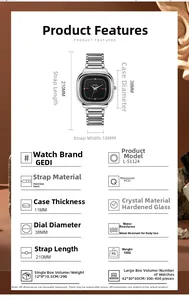 Detailed chart showing square black dial watch dimensions and technical specifications