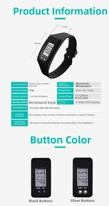 Detailed spec sheet showing TPU strap sports pedometer with LED display functions