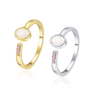 Adjustable Open Ring Copper With Oval Opal And Pink Zircon Retro Fashion Aesthetic Jewelry For Women
