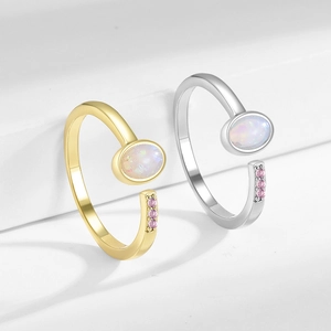 Vintage adjustable open ring set with colorful oval opal and pink zircon stones