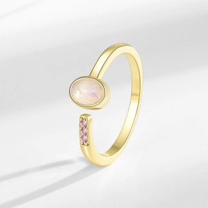 Vintage gold open ring with opal stone and three pink zircons for women