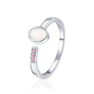 Vintage opal open ring with colorful oval stone and pink zircon accents in silver