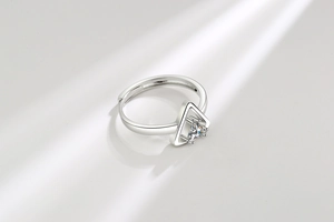 Detail of S925 silver adjustable ring featuring a geometric hollow triangle with zircon
