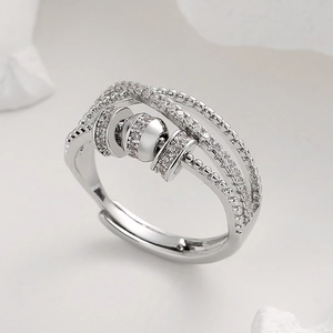 Silver rotating anxiety ring with multi-layer zircon cross bands and adjustable opening