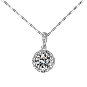 Elegant silver round halo pendant necklace with sparkling cubic zirconia on box chain