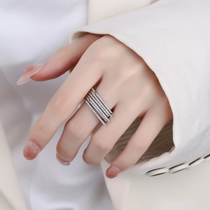 Fashionable multilayer silver ring with sparkling cubic zirconia stones for women