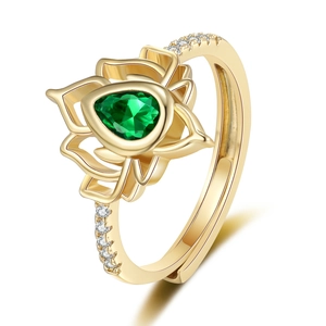 Anello loto vintage oro con zircone verde a goccia e pietre bianche con vista a 45 gradi