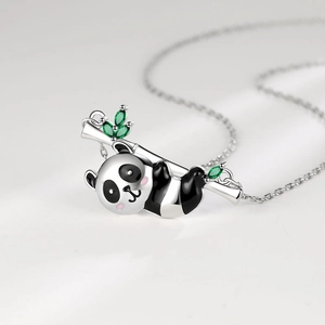 Cute panda pendant necklace with green marquise gems and polished silver chain