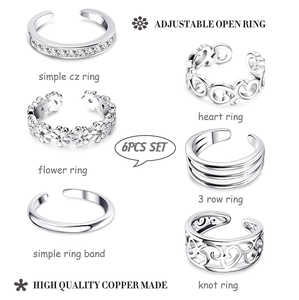 Detail of 6pcs adjustable silver copper toe ring set featuring CZ heart and flower designs