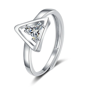 Silver triangle zircon open ring featuring geometric cutout design on white background