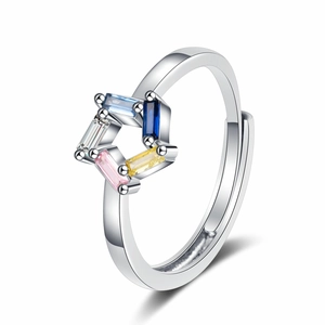Adjustable silver ring featuring star-shaped rectangular multi-colored zircons on white backdrop