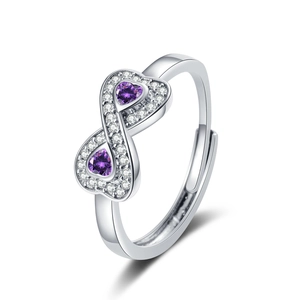 Anello infinity argento con pietre viola a cuore e zirconi scintillanti regolabile