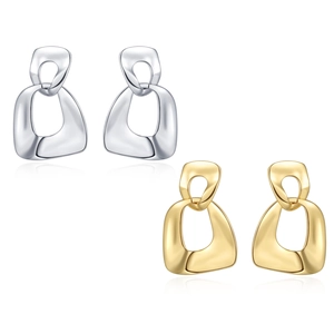 Interlocking geometric hollow trapezoid earrings in polished gold and silver finishes