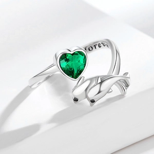 Whale and heart-shaped green gemstone open ring with forever engraving in S925 silver