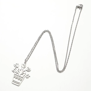 Collier long minimaliste en acier inoxydable argenté avec pendentif pot de fleurs évidé
