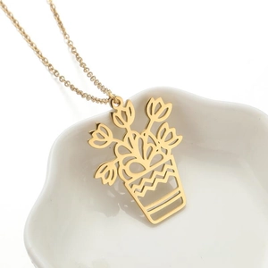 Collier Pendentif Minimaliste Acier Inoxydable Design Plante En Pot Creuse Fleur Feuille Bijoux Mode Femme